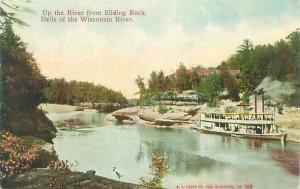 Wisconsin Dells WI Up the River from Sliding Rock, Boat Litho Postcard Unused