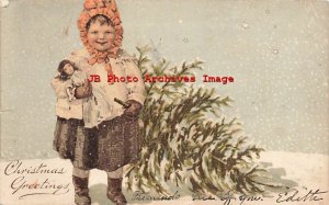 Christmas, IAP No 5545, Young Girl Holding Doll & Pulling Tree Through Snow