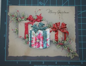 VINTAGE 1940s WWII ERA Christmas Greeting Holiday Card GLITTER PRESENTS HOLLY