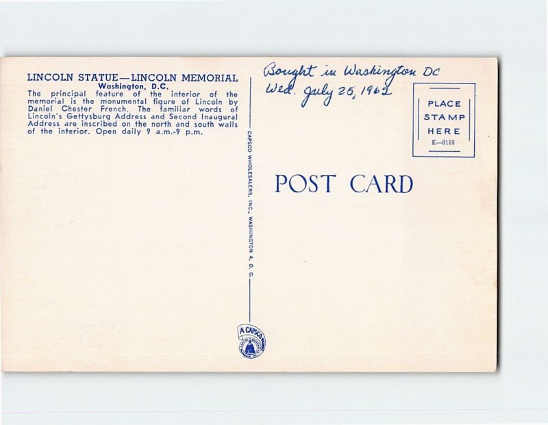 Postcard Lincoln Statue, Lincoln Memorial, Washington, District of Columbia