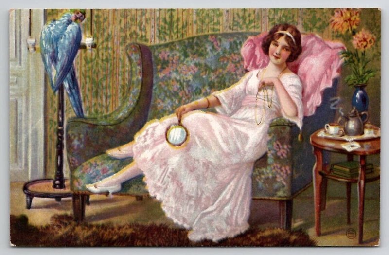 Pretty Woman In Parlor With Parrot Alfred Mailick Postcard A37