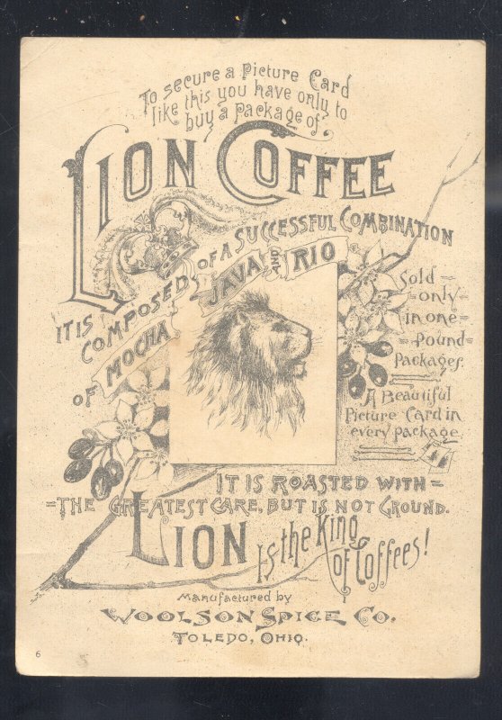 TOLEDO OHIO WOOLSON SPICE COMPANY LION COFFEE WOMAN BABY VICTORIAN TRADE CARD