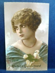 5 Postcard RPPC Dutch Tinted Photo Pretty Woman Hartelijk Gefeliciteerd Birthday