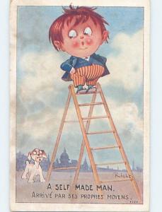 Pre-Linen signed DOG WATCHES BOY ON LADDER J4917