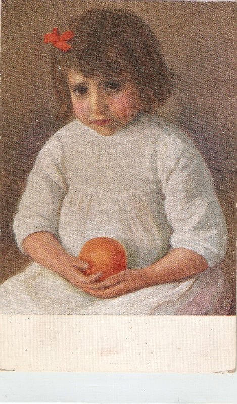 E.Hermoso. Lovely little girl with an orange Pine painting, vintage SpaNIsh P