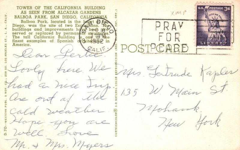 Vintage Postcard 1962 Tower Of California From Alcazar Gardens San Diego Calif.