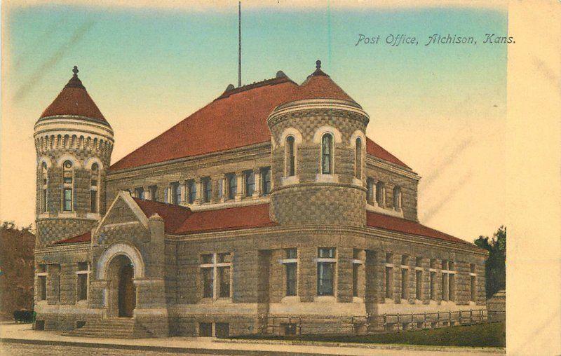Atchinson Kansas C-1910 Post Office Lantz hand colored postcard 9770