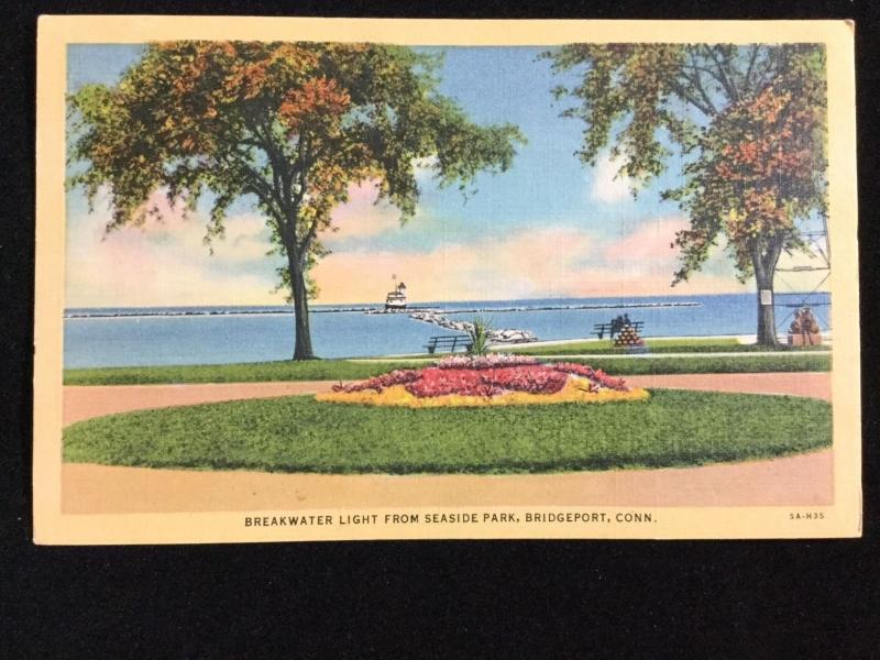 Mid-1900s Breakwater Light from Seaside Park, Bridgeport, CT postcard