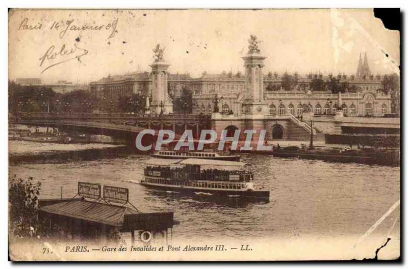 Old Postcard Paris Gare Invalids and Alexandre III bridge