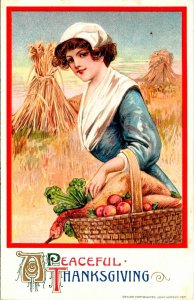 Vintage Winsch Schmucker Girl with Harvest Turkey Thanksgiving Basket Postcard