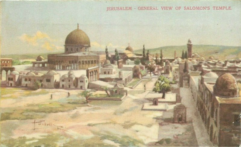 Jerusalem general view of Salomon Temple mosque artist postcard