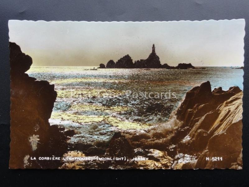 Channel Islands JERSEY La Corbiere Lighthouse by MOONLIGHT c1948 RP Postcard