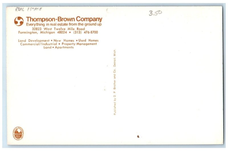 c1960's Thompson Brown Company Farmington Michigan Unposted Real Estate Postcard