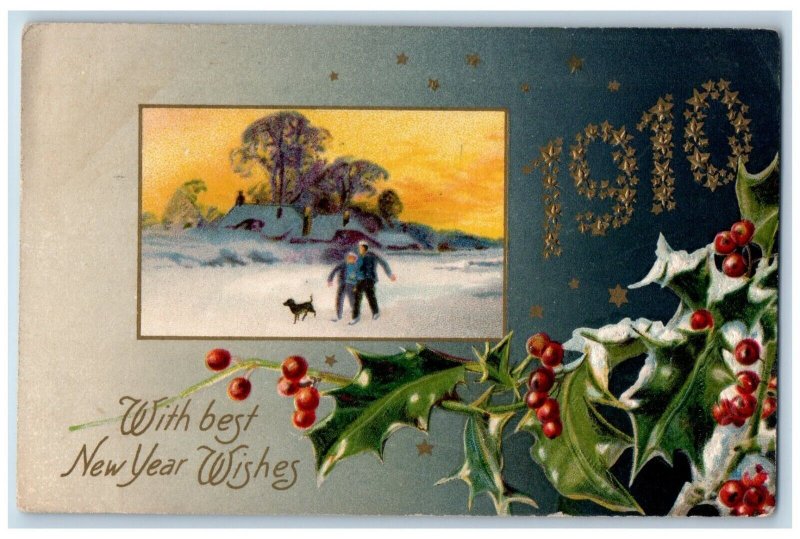 Baltimore MD Postcard New Year Winter Dog Scene Holly Berries Winsch Back 1909