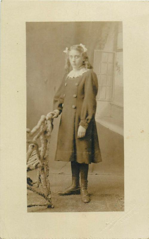 Women portraits near vintage chairs early photo postcards x 4