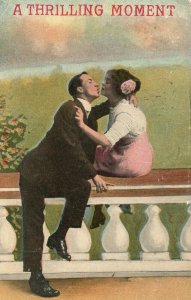 Vintage Postcard 1914 A Thrilling Moment Couple Sitting on Rail Kissing Romance