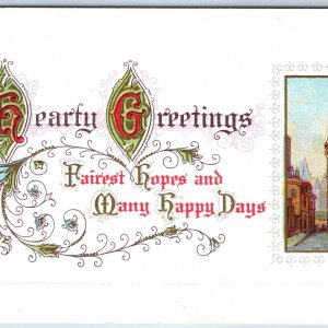 c1910s Art Nouveau Hearty Greetings Embossed Card Fairest Hopes, Happy Days A208