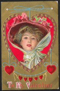 To My Valentine Pretty Lady In Red Hat In Heart Used c1911