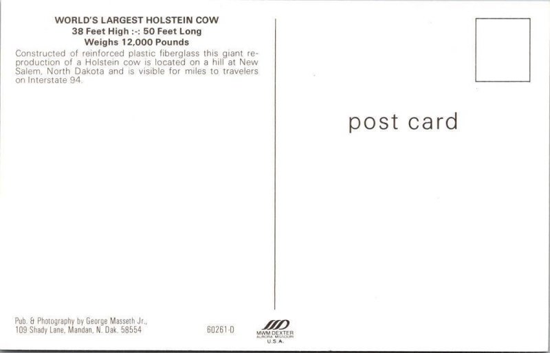 New Salem, ND North Dakota HOLSTEIN COW STATUE~World's Largest ROADSIDE Postcard