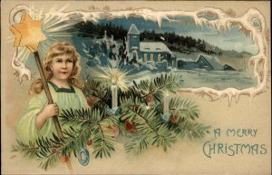 Christmas Angel with Star Looks Over Snowy Village c1910 Vintage Postcard