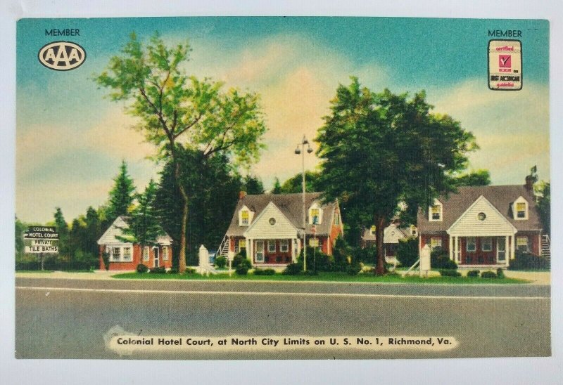 Colonial Hotel Court Motel Postcard Richmond VA US 1 1940s Street Cottages Linen