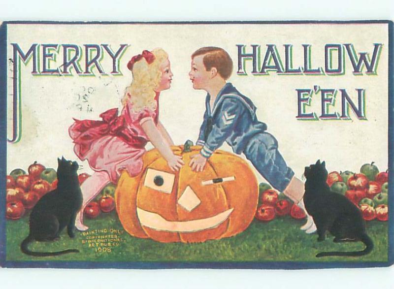 Pre-Linen Halloween BLACK CATS WATCH KIDS LEANING ON JACK-O'-LANTERN AB4270