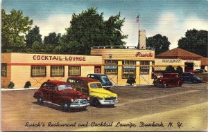 Postcard NY Dunkirk Rusch's Restaurant and Cocktail Lounge Old Cars 1940s L1