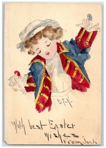 c1905 Easter Wishes Little Boy Bonnet Hand Drawn Art Paint Antique Postcard