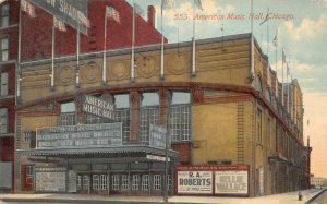 AMERICAN MUSIC HALL CHICAGO ILLINOIS TRAIN SCHEDULE MESSAGE POSTCARD 1911