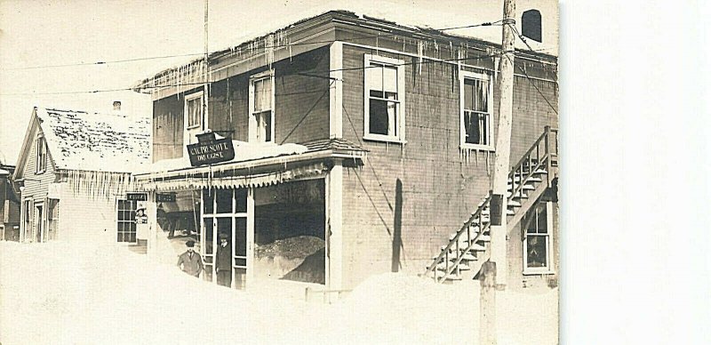 Monmouth ME C. W. Prescott Druggist Post Office Snow Storm Real Photo Postcard