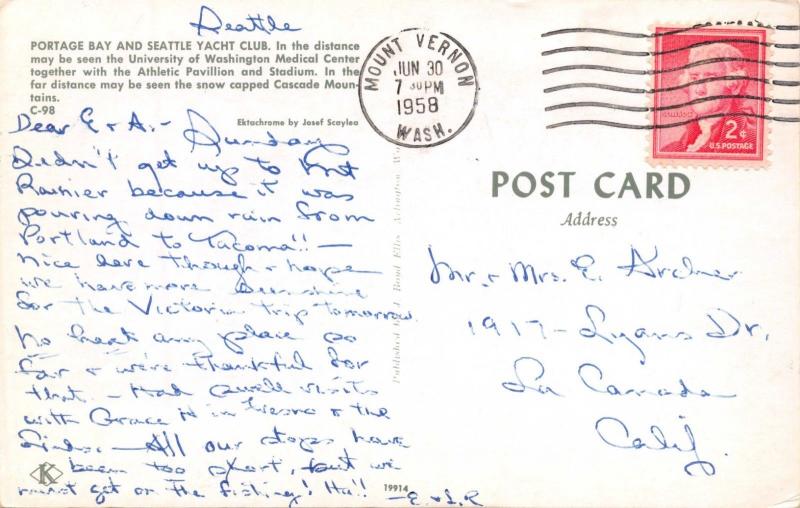 SEATTLE WA~PORTAGE BAY & YACHT CLUB-UNIVERSITY MEDICAL CTR POSTCARD 1958 PSTMK