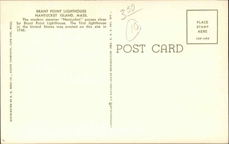 Nantucket MA Massachusetts Brant Point Lighthouse c1950-60s Vintage Postcard