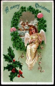 1908 Christmas Angel Holly Picture Postcard!