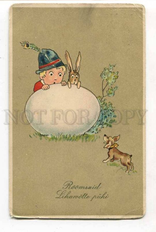 285619 EASTER Egg GNOME & Rabbit & DACHSHUND Vintage postcard