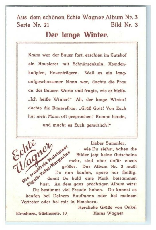 Farmer Wife Invites Man Inside, The Long Winter, Echte Wagner German Trade Card
