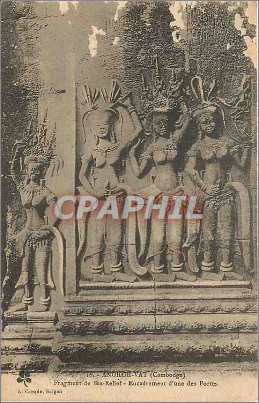 Old Postcard Angkor Wat Cambodia Fragment of Bas Relief Management of a Portes