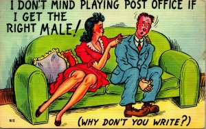 Comic Risqué Play Post Office If You Get the Right MALE Linen Postcard E8