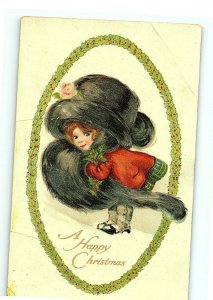 1913 Gottschalk Christmas Postcard Davis Dreyfuss Cute Girl Vintage Big Fur Hat  