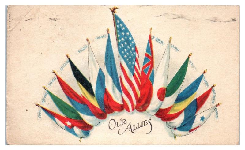 1918 WWI Allied Powers Flags, Our Allies Postcard