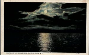 c1930 WATKINS GLEN NEW YORK MOONLIGHT ON SENECA LAKE UNPOSTED POSTCARD 25-48