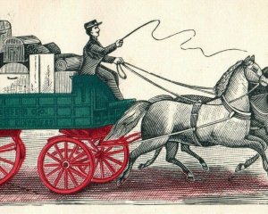 1870s Engraved Scrap Union Transfer Co. Railroad Ticket Agent Wagon Horses P213