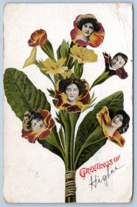 1912 GREETINGS OF HIGBEE (PENNSYLVANIA?) PA WOMEN AS FLOWERS UNUSUAL POSTCARD