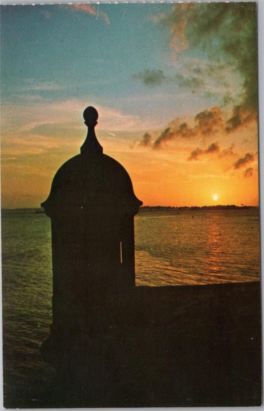 Old Spanish sentry box at entrance of Old San Juan, Puerto Rico view at sunset