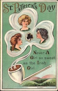 St Patrick's Day Pretty Women Clover Pipe Embossed c1900s-10s Postcard