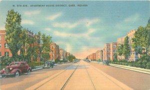 Gary Indiana W 5th Ave Apartment District, Old Cars Linen Postcard, Unused