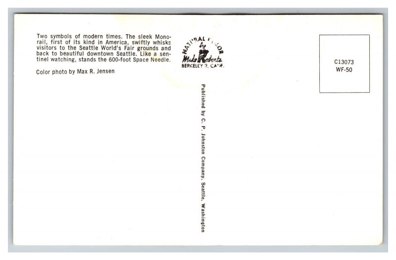 Seattle World's Fair Monorail Space Needle Postcard Downtown Seattle Washington