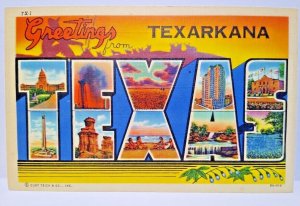 Greetings From Texarkana Texas Big Large Letter Linen Postcard Curt Teich Unused