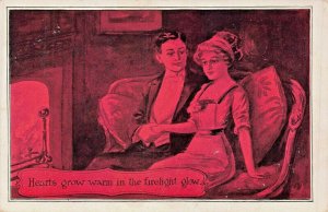 HEARTS GLOW WARM IN THE FIRELIGHT GLOW~1910s ROMANCE POSTCARD