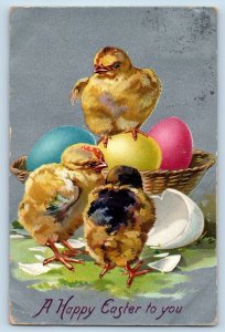 Easter Postcard Baby Chicks Hatched Egg Embossed Tuck c1910's Antique Posted