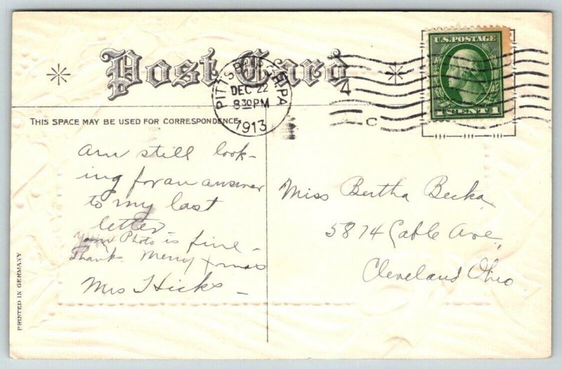 1913  Christmas Greetings  Xmas  Embossed   Postcard